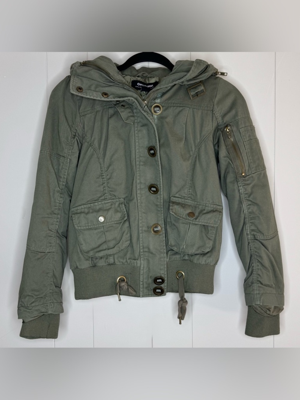 CoffeeShop Vintage Wash Utility Crop Bomber Roll Hood Jacket Womens XS